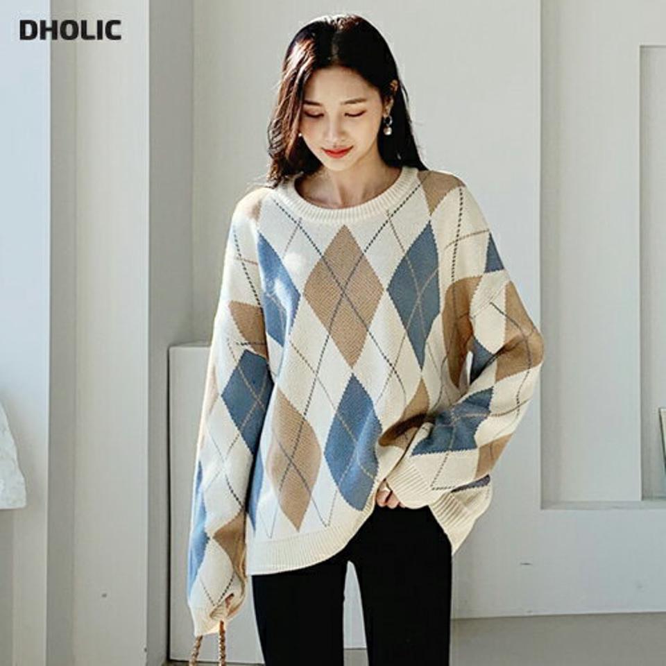 ルーズアーガイルニット・全3色・t64689 レディース 【tops】【韓国 ファッション トップス ニット アーガイル ラウンドネック リブ 長袖 リブニット 無地 ゆったり ルーズ デイリー ナチュラル カジュアル 秋 冬】
