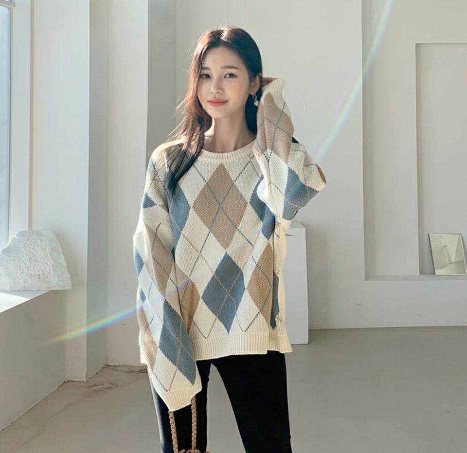 ルーズアーガイルニット・全3色・t64689 レディース 【tops】【韓国 ファッション トップス ニット アーガイル ラウンドネック リブ 長袖 リブニット 無地 ゆったり ルーズ デイリー ナチュラル カジュアル 秋 冬】