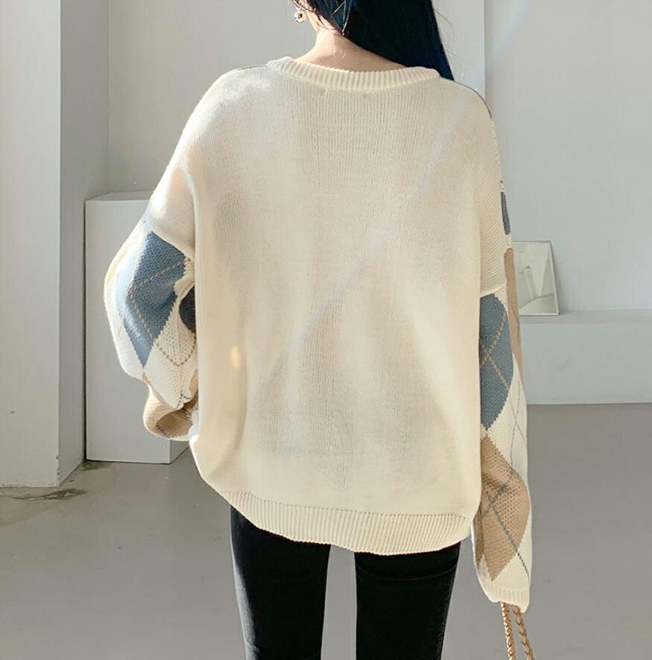 ルーズアーガイルニット・全3色・t64689 レディース 【tops】【韓国 ファッション トップス ニット アーガイル ラウンドネック リブ 長袖 リブニット 無地 ゆったり ルーズ デイリー ナチュラル カジュアル 秋 冬】