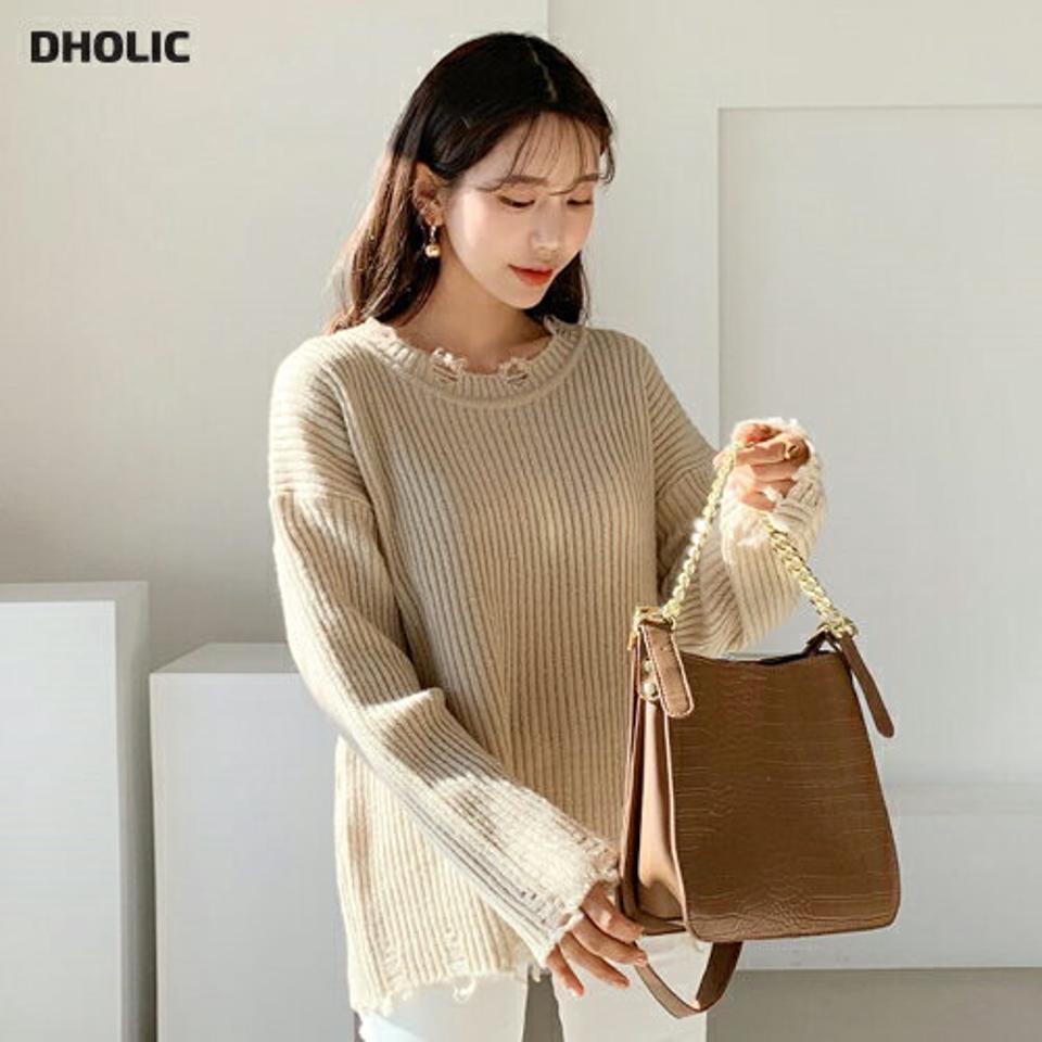 ダメージヘムリブニット・全4色・b64708 レディース 【tops】【韓国 ファッション トップス ニット ラウンドネック ドロップショルダー リブ ダメージ 長袖 リブニット 無地 ゆったり ルーズ デイリー カジュアル 秋 冬】