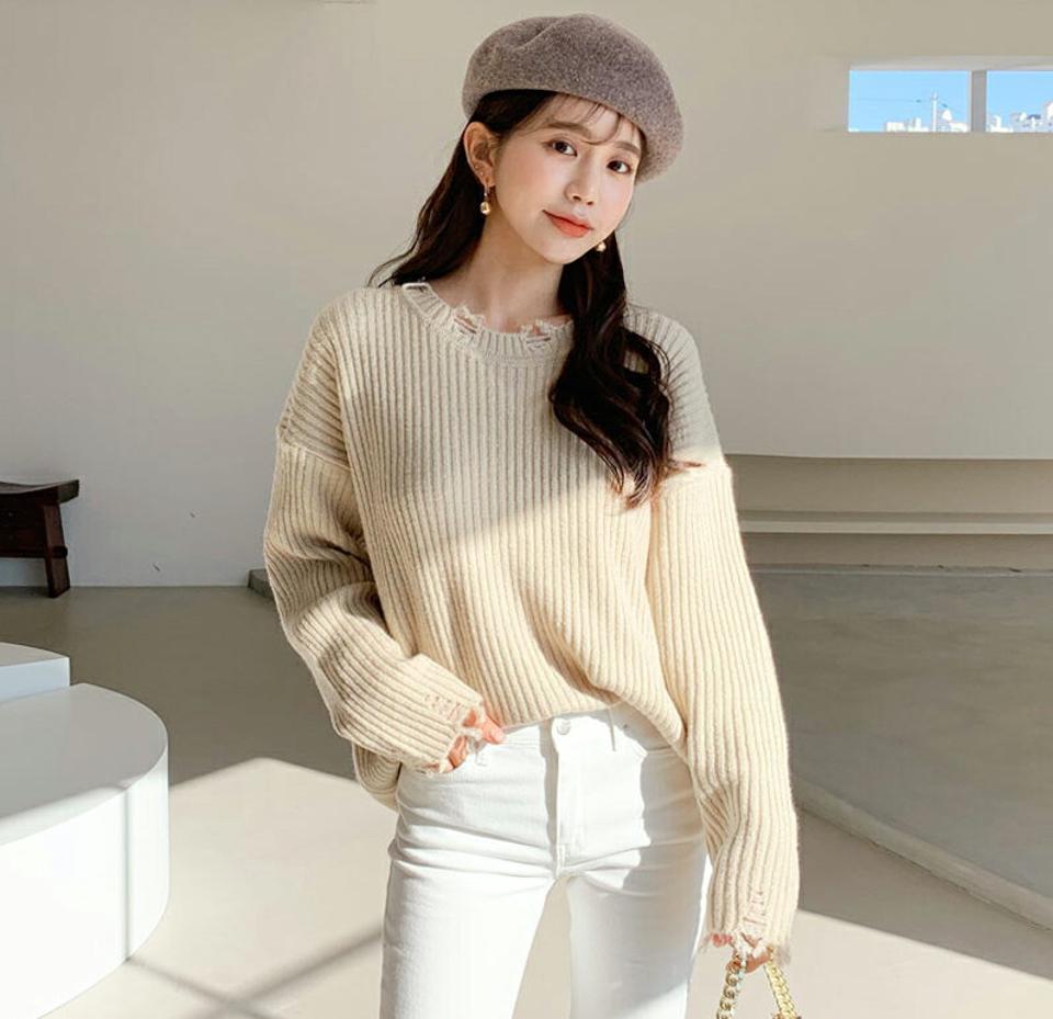 ダメージヘムリブニット・全4色・b64708 レディース 【tops】【韓国 ファッション トップス ニット ラウンドネック ドロップショルダー リブ ダメージ 長袖 リブニット 無地 ゆったり ルーズ デイリー カジュアル 秋 冬】