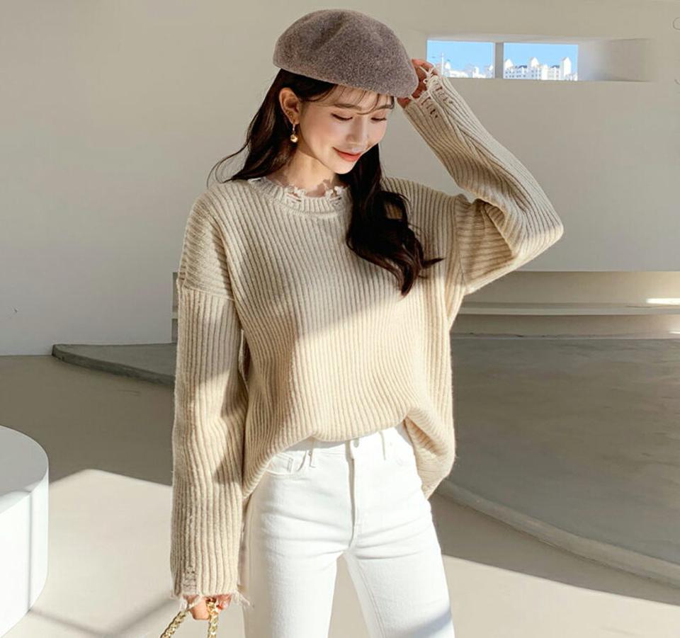 ダメージヘムリブニット・全4色・b64708 レディース 【tops】【韓国 ファッション トップス ニット ラウンドネック ドロップショルダー リブ ダメージ 長袖 リブニット 無地 ゆったり ルーズ デイリー カジュアル 秋 冬】