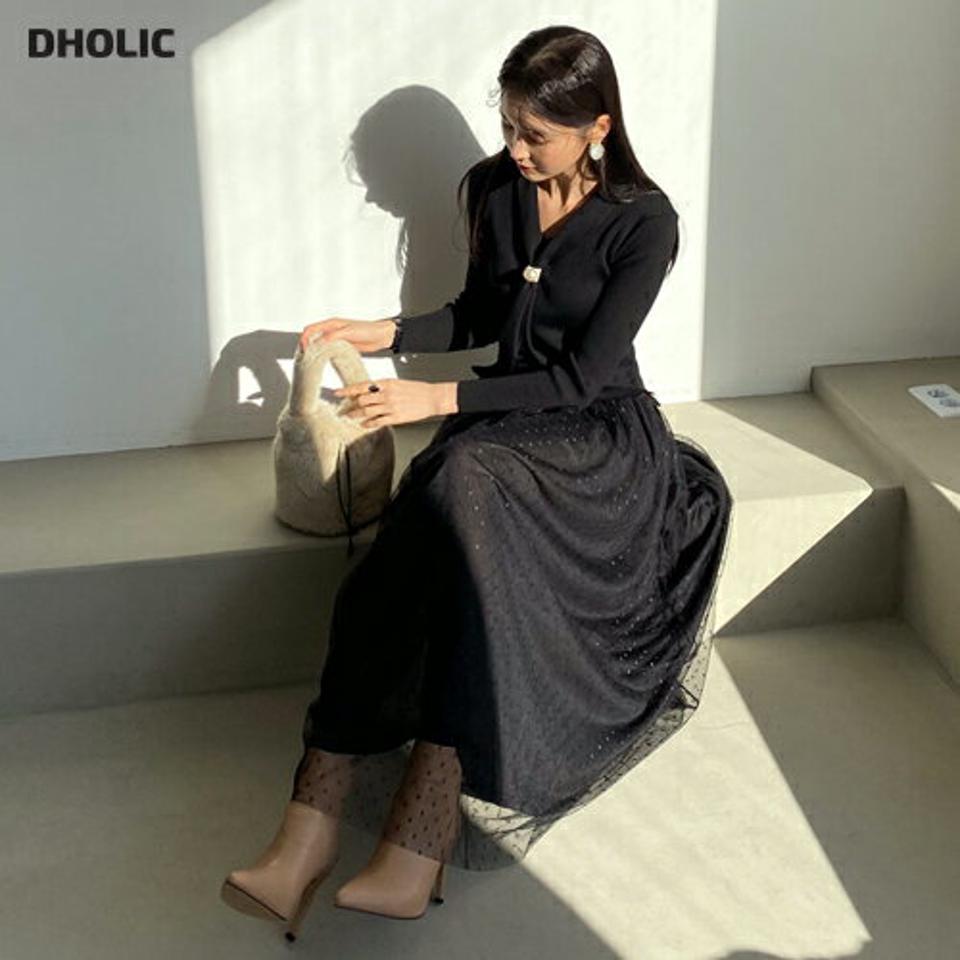 パール付リボンチュールドットワンピース・全2色・b64694 レディース 【ops】【韓国 ファッション ワンピース ロング Vネック リボン パールモチーフ リブ ニット フレア スリム ドット チュール パール 無地 フェミニン 上品 カジュアル 秋 冬】