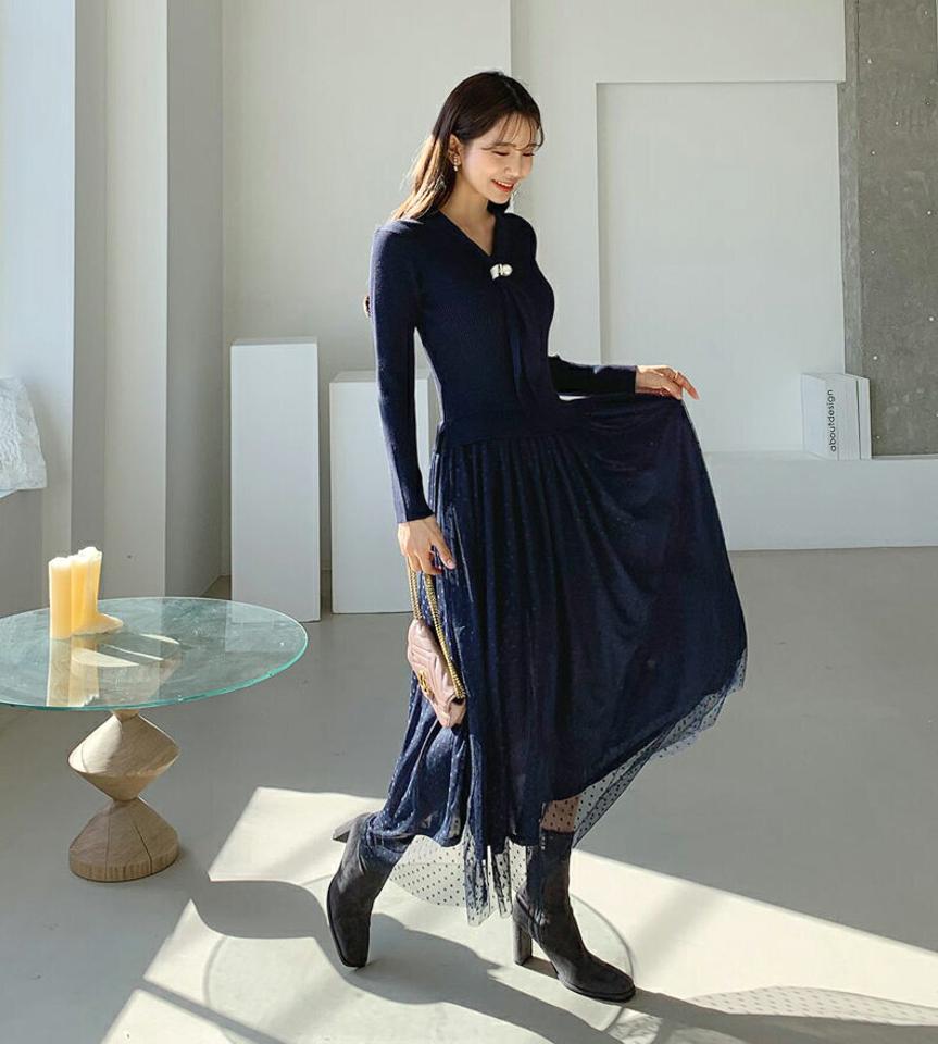 パール付リボンチュールドットワンピース・全2色・b64694 レディース 【ops】【韓国 ファッション ワンピース ロング Vネック リボン パールモチーフ リブ ニット フレア スリム ドット チュール パール 無地 フェミニン 上品 カジュアル 秋 冬】