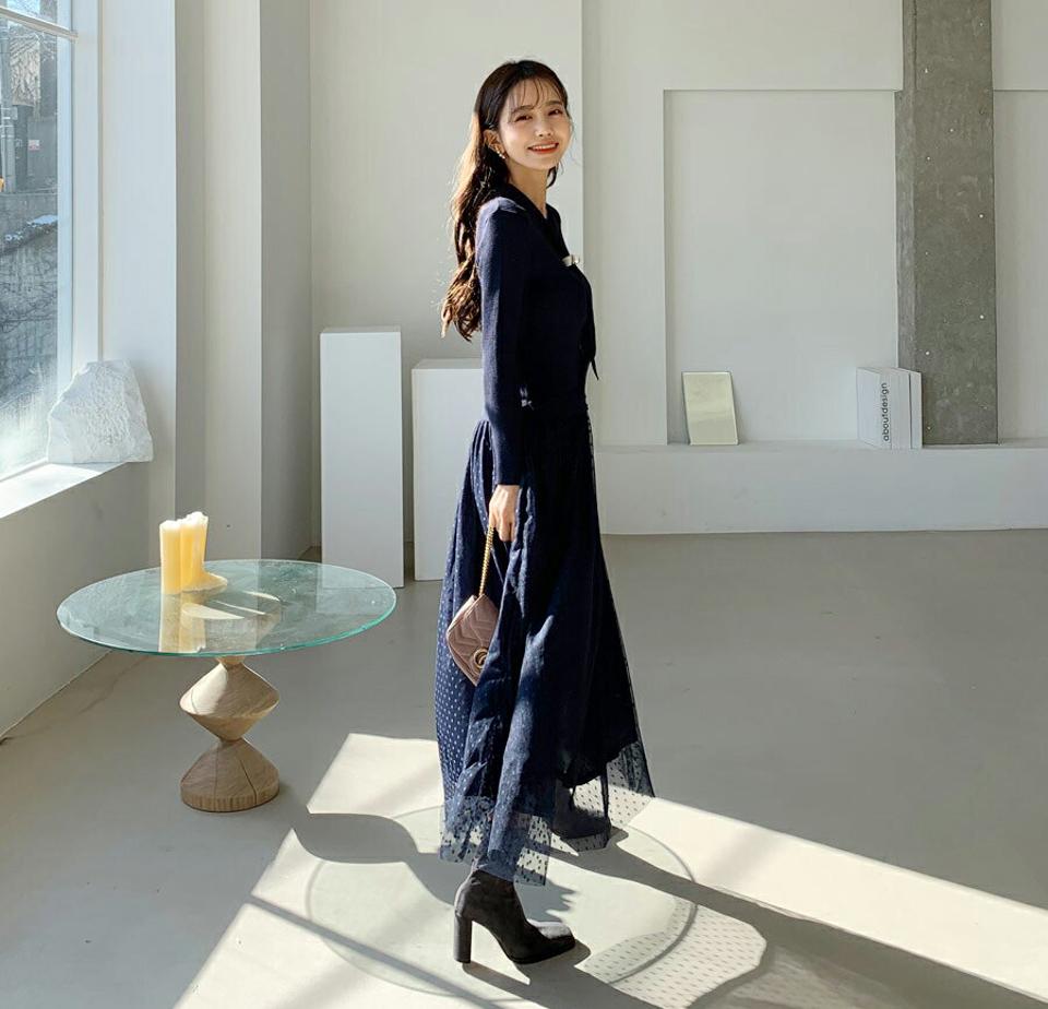 パール付リボンチュールドットワンピース・全2色・b64694 レディース 【ops】【韓国 ファッション ワンピース ロング Vネック リボン パールモチーフ リブ ニット フレア スリム ドット チュール パール 無地 フェミニン 上品 カジュアル 秋 冬】