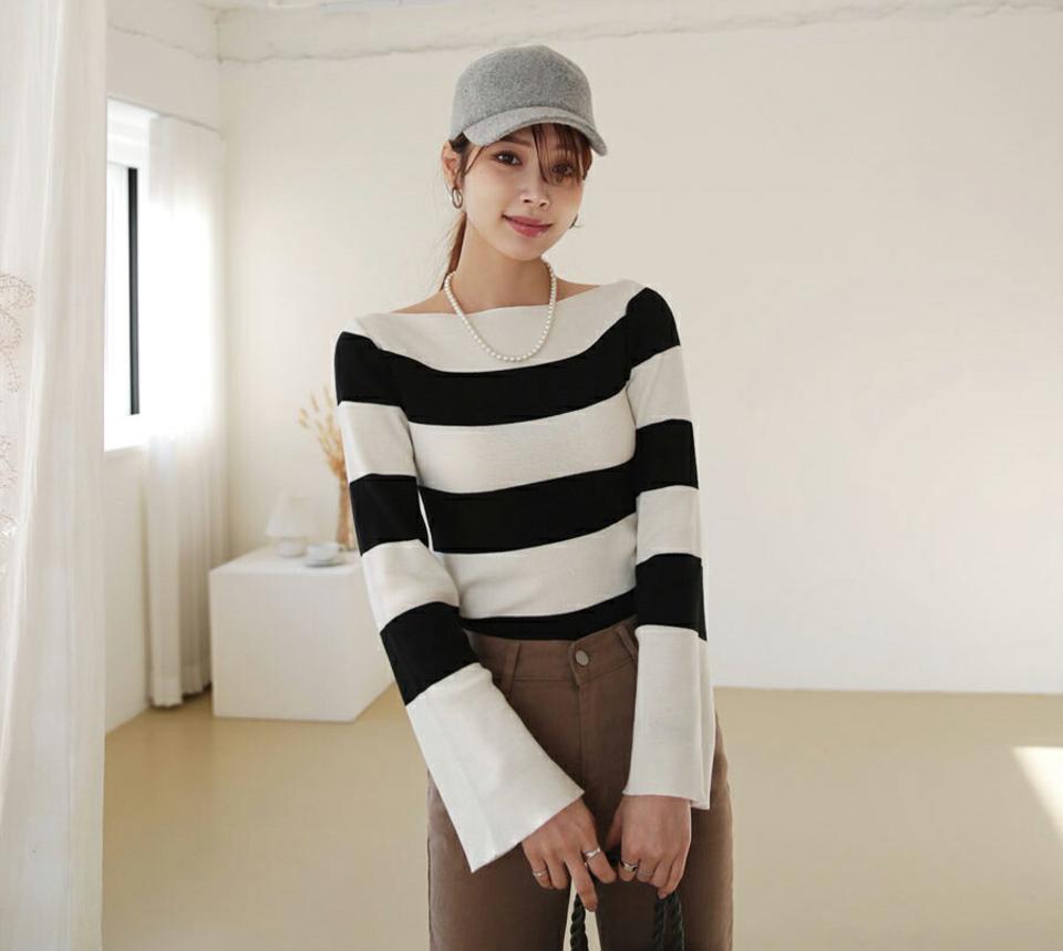 2TYPEボートネックニット・全4色・b66016 レディース 【tops】【トップス ニット ニットトップス 長袖 ボーダー柄 単色 無地 ボートネック 袖コンシャス ワイドスリーブ ベルスリーブ カジュアル 大人 秋 冬 韓国 ファッション】【ハイホリHIHOLLI】