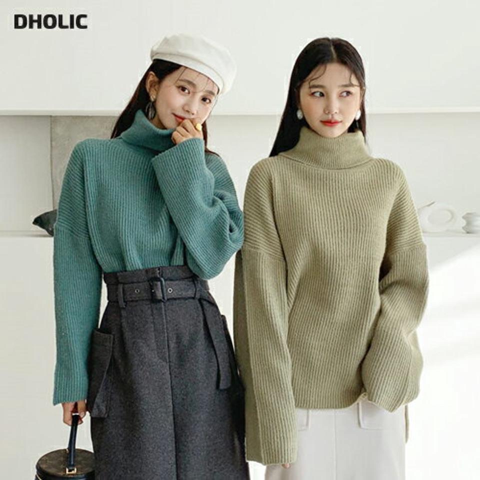 ルーズタートルニット・全4色・b64687 レディース 【tops】【韓国 ファッション トップス ニット ハイネック 長袖 ルーズ ゆったり 体型カバー 無地 やわらかい ドロップショルダー スリット アンバランス カジュアル 秋 冬】