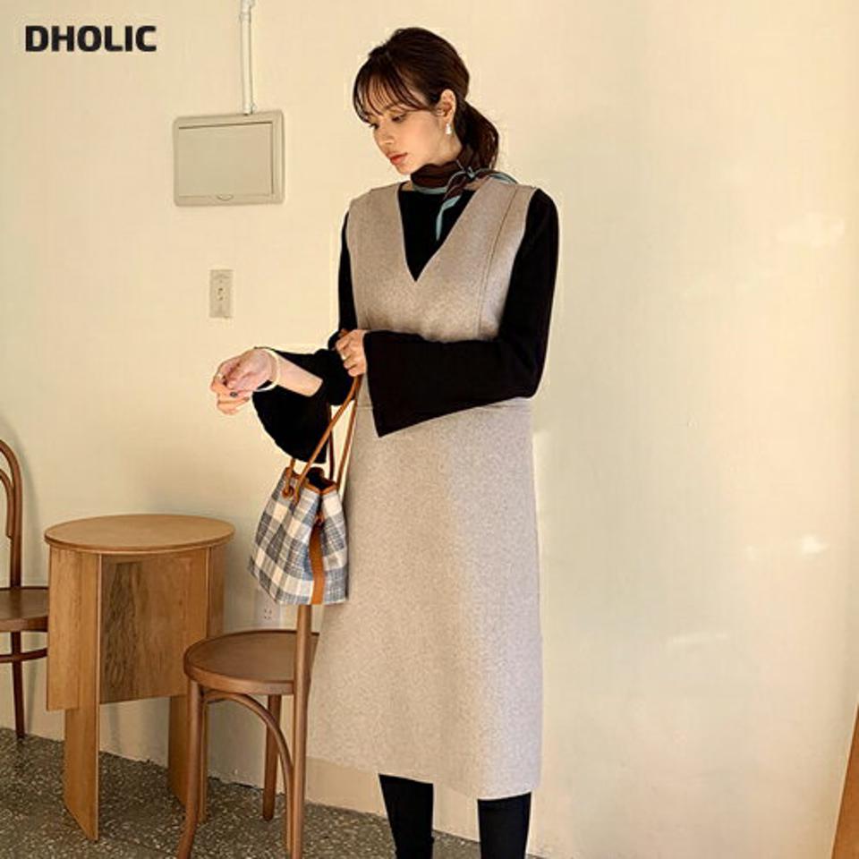 Vネックワンピース・全2色・t66027 レディース 【ops】【ワンピース ミディ丈 ミディワンピース スリーブレス ノースリーブ Vネック 単色 無地 シンプル レイヤード 大人 深Vネック ウール 秋 冬 韓国 ファッション】【ハイホリHIHOLLI】