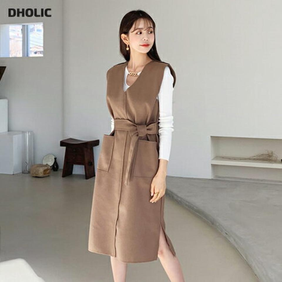 ストラップ付ワンピース・全4色・b64701 レディース 【ops】【韓国 ファッション ワンピース ロング カットライン Vネック サイドスリット ウエストストラップ キャミ 無地 レイヤード ストラップ フェミニン 上品 カジュアル 秋 冬】