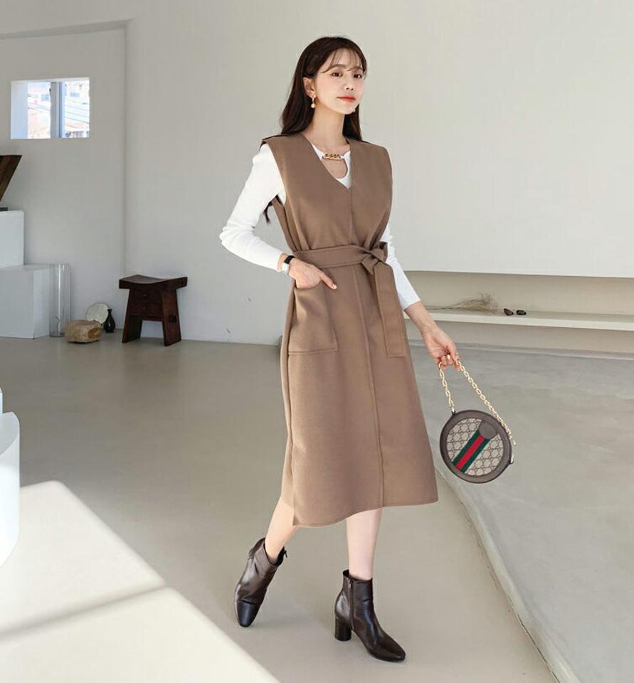 ストラップ付ワンピース・全4色・b64701 レディース 【ops】【韓国 ファッション ワンピース ロング カットライン Vネック サイドスリット ウエストストラップ キャミ 無地 レイヤード ストラップ フェミニン 上品 カジュアル 秋 冬】