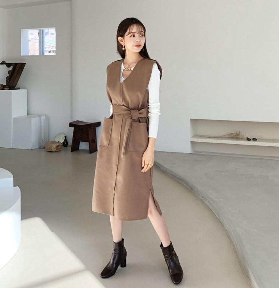 ストラップ付ワンピース・全4色・b64701 レディース 【ops】【韓国 ファッション ワンピース ロング カットライン Vネック サイドスリット ウエストストラップ キャミ 無地 レイヤード ストラップ フェミニン 上品 カジュアル 秋 冬】