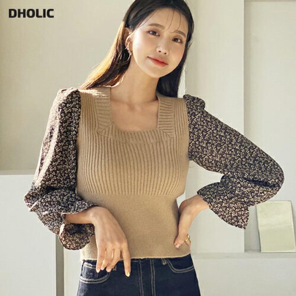 スクエア花柄スリーブニット・全2色・b64706 レディース 【tops】【韓国 ファッション トップス ニット スクエアネック リブニット 花柄 フラワー スリム ゴム フィット 長袖 体型カバー シンプル デイリー 無地 カジュアル 秋 冬】