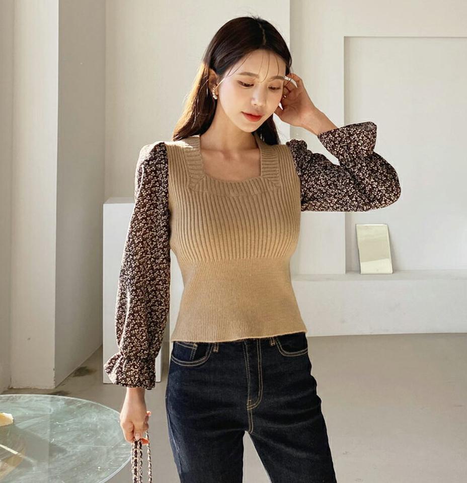 スクエア花柄スリーブニット・全2色・b64706 レディース 【tops】【韓国 ファッション トップス ニット スクエアネック リブニット 花柄 フラワー スリム ゴム フィット 長袖 体型カバー シンプル デイリー 無地 カジュアル 秋 冬】