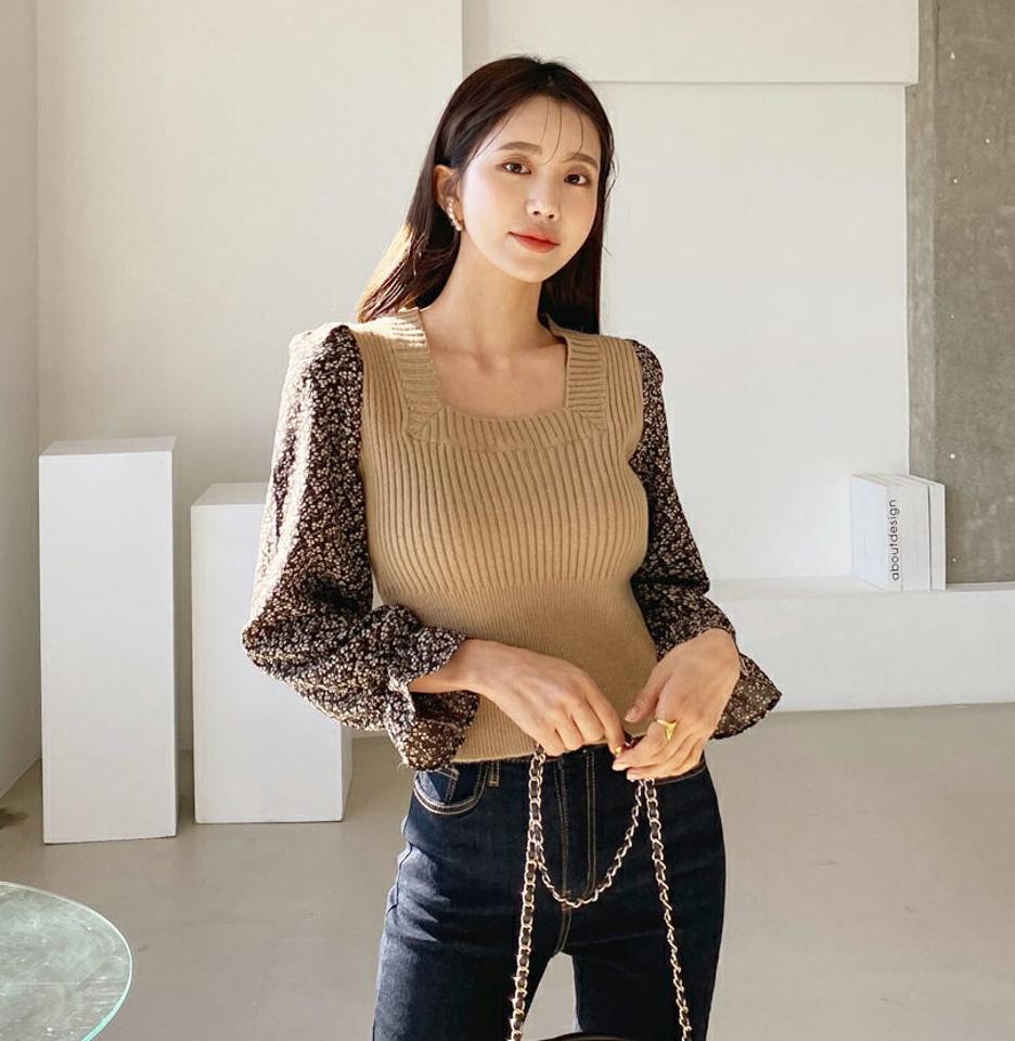 スクエア花柄スリーブニット・全2色・b64706 レディース 【tops】【韓国 ファッション トップス ニット スクエアネック リブニット 花柄 フラワー スリム ゴム フィット 長袖 体型カバー シンプル デイリー 無地 カジュアル 秋 冬】