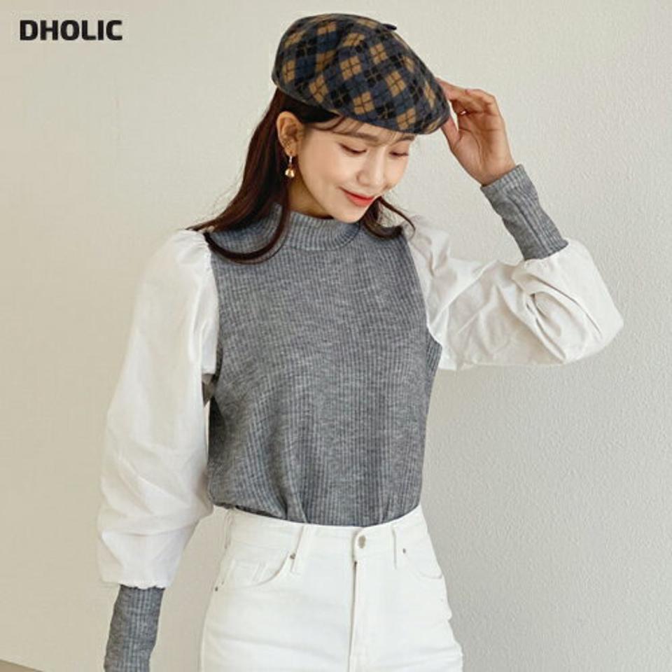 コントラストパフニット・全4色・t64718 レディース 【tops】【韓国 ファッション トップス ニット ハーフネック リブ 長袖 異素材 パフスリーブ ポイント コントラスト パフ カジュアル 秋 冬】