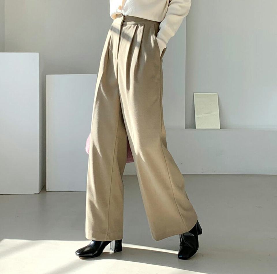 起毛ワイドスラックス・全3色・t64712 レディース 【pt】【韓国 ファッション ボトムス パンツ ロング 起毛 ワイド スラックス 10分丈 十分丈 ストレート ハイウエスト 無地 オフィス ルーズ カジュアル 秋 冬】