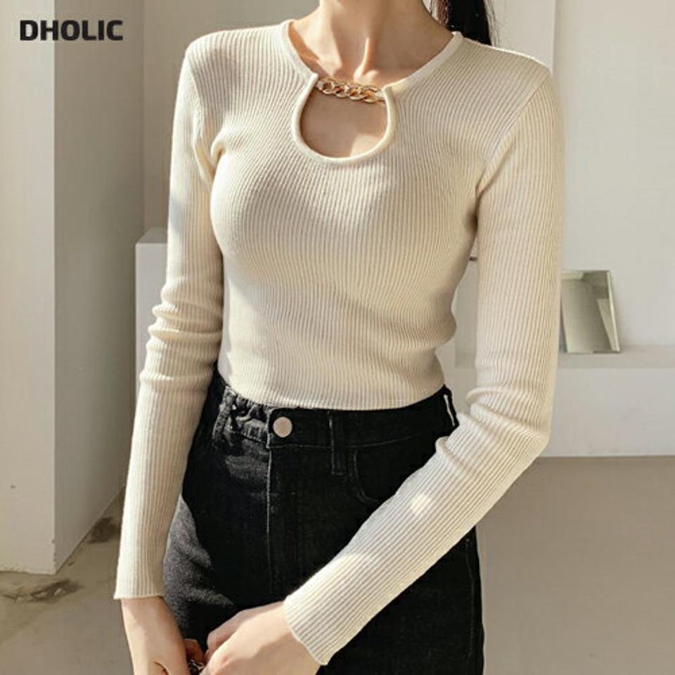 ネックチェーンリブニット・全3色・b64686 レディース 【tops】【韓国 ファッション トップス ニット ラウンドネック 長袖 スリム 細身 リブニット ネックチェーン ゴールド 大人 上品 無地 タイト デイリー カジュアル 秋 冬】