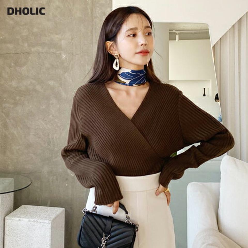 クロスリブニット・全4色・b64697 レディース 【tops】韓国ファッション トップス ニット Vネック リブニットスリム フィット 細身 長袖 体型カバー タイト シンプル デイリー 無地 ラップ カジュアル 秋 冬
