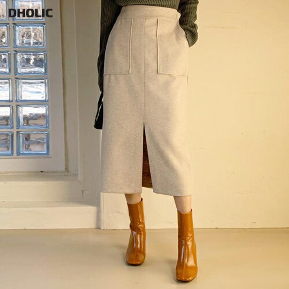 ポケットスリットスカート・全3色・b64688 レディース 【sk】【韓国 ファッション ボトムス スカート ロング Hライン 無地 スリット ウエストゴム ポケット スリット バックゴム サイドジップ カジュアル 秋 冬】