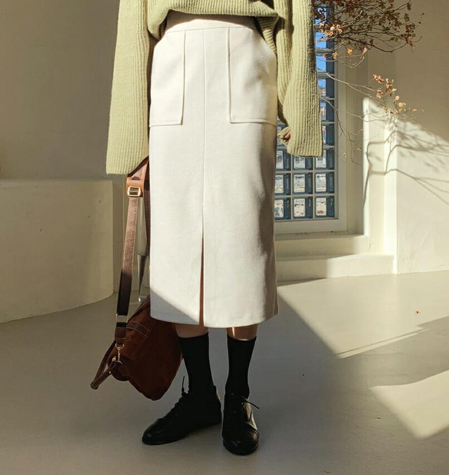 ポケットスリットスカート・全3色・b64688 レディース 【sk】【韓国 ファッション ボトムス スカート ロング Hライン 無地 スリット ウエストゴム ポケット スリット バックゴム サイドジップ カジュアル 秋 冬】