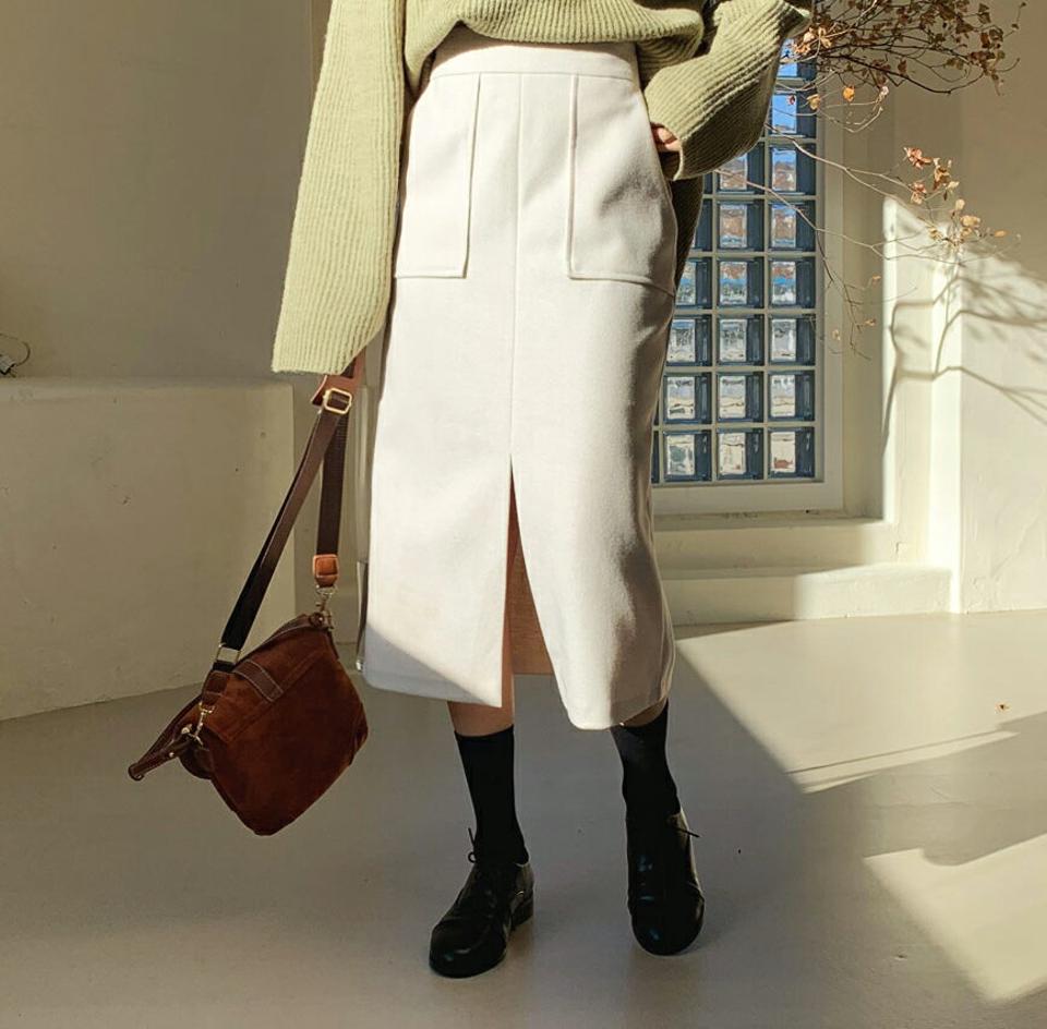 ポケットスリットスカート・全3色・b64688 レディース 【sk】【韓国 ファッション ボトムス スカート ロング Hライン 無地 スリット ウエストゴム ポケット スリット バックゴム サイドジップ カジュアル 秋 冬】