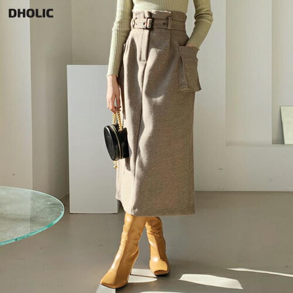 ベルト付ポケットスカート・全2色・t64696 レディース 【sk】【韓国 ファッション ボトムス スカート ロング Hライン 無地 ベルト サイドポケット バックゴム 上品 大人 エレガント カジュアル 秋 冬】