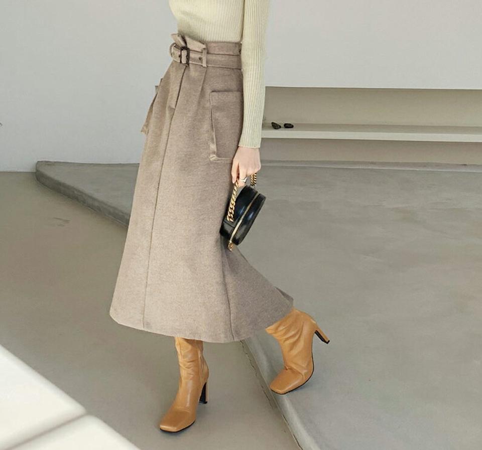 ベルト付ポケットスカート・全2色・t64696 レディース 【sk】【韓国 ファッション ボトムス スカート ロング Hライン 無地 ベルト サイドポケット バックゴム 上品 大人 エレガント カジュアル 秋 冬】