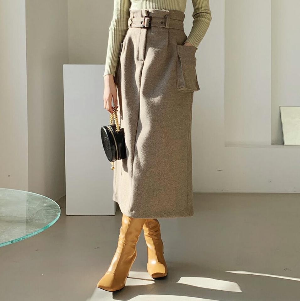 ベルト付ポケットスカート・全2色・t64696 レディース 【sk】【韓国 ファッション ボトムス スカート ロング Hライン 無地 ベルト サイドポケット バックゴム 上品 大人 エレガント カジュアル 秋 冬】