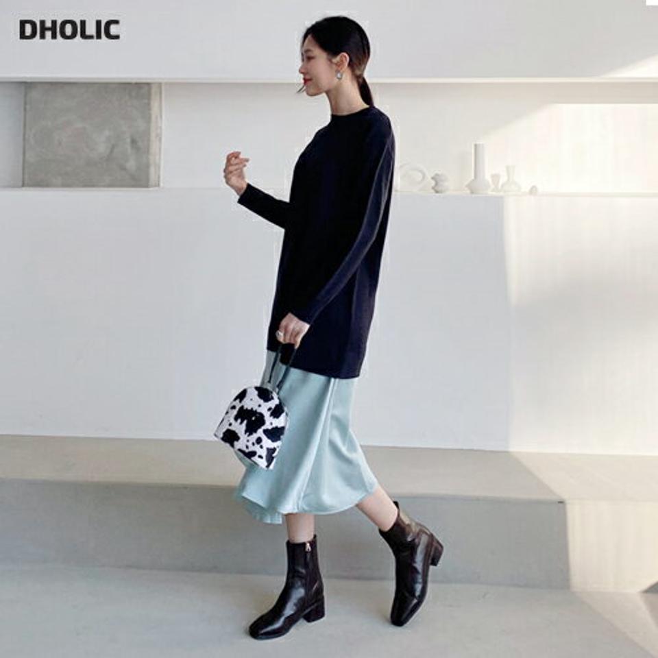 サテンヘムニットワンピース・全3色・b64709 レディース 【ops】【韓国 ファッション ワンピース ロング Hライン ラウンドネック 長袖 ルーズ サテン スリット 配色 フレア ゆったり 体型カバー ニット 無地 カジュアル 秋 冬】