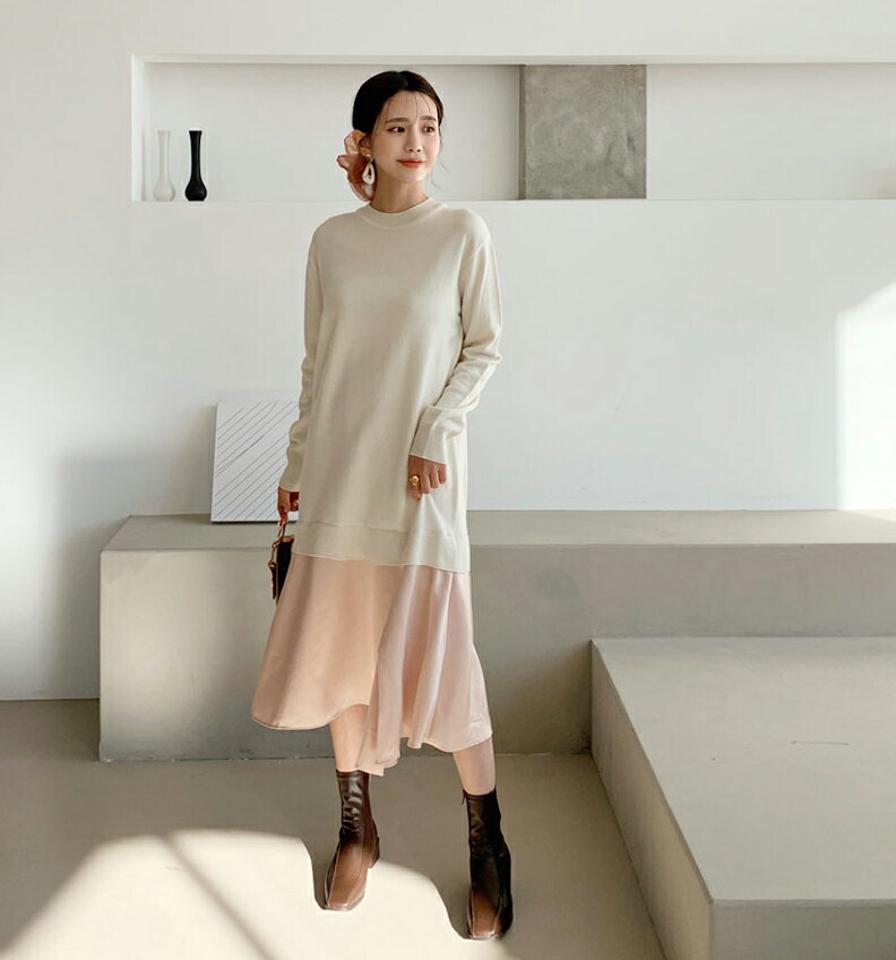 サテンヘムニットワンピース・全3色・b64709 レディース 【ops】【韓国 ファッション ワンピース ロング Hライン ラウンドネック 長袖 ルーズ サテン スリット 配色 フレア ゆったり 体型カバー ニット 無地 カジュアル 秋 冬】