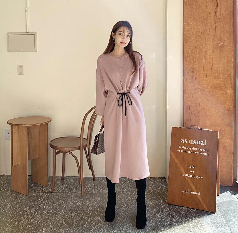 裏起毛ドロストワンピース・全4色・b66028 レディース 【ops】【ワンピース ロング ロングワンピース 長袖 ドロスト 裏起毛 単色 無地 シンプル カジュアル ラフ 体型カバー 冬 韓国 ファッション】【ハイホリHIHOLLI】