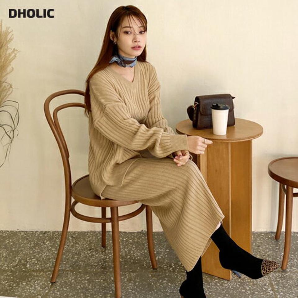 Vネックリブニット&スカートSET・全3色・t66035 レディース 【ops】【セットアップ setup ニットアップ トップス 長袖 リブニット Vネック スカート ロングスカート Hライン ウエストゴム 秋 冬 韓国 ファッション】【ハイホリHIHOLLI】