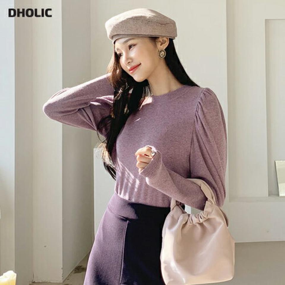 パフスリーブTシャツ・全5色・t64704 レディース 【tops】【韓国 ファッション トップス Tシャツ カットソー ラウンドネック 長袖 ハーフスリーブ スリム フィット 無地 ギャザー デイリー ボリューム カジュアル 秋 冬】