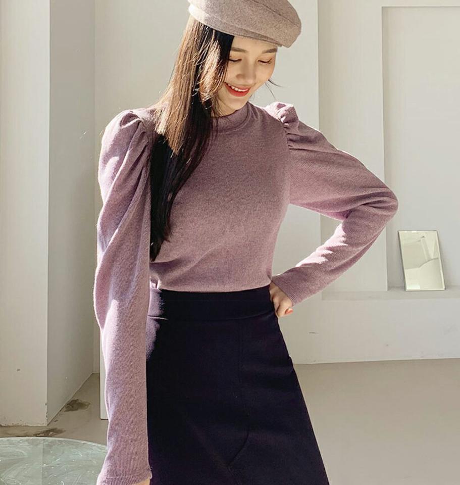 パフスリーブTシャツ・全5色・t64704 レディース 【tops】【韓国 ファッション トップス Tシャツ カットソー ラウンドネック 長袖 ハーフスリーブ スリム フィット 無地 ギャザー デイリー ボリューム カジュアル 秋 冬】