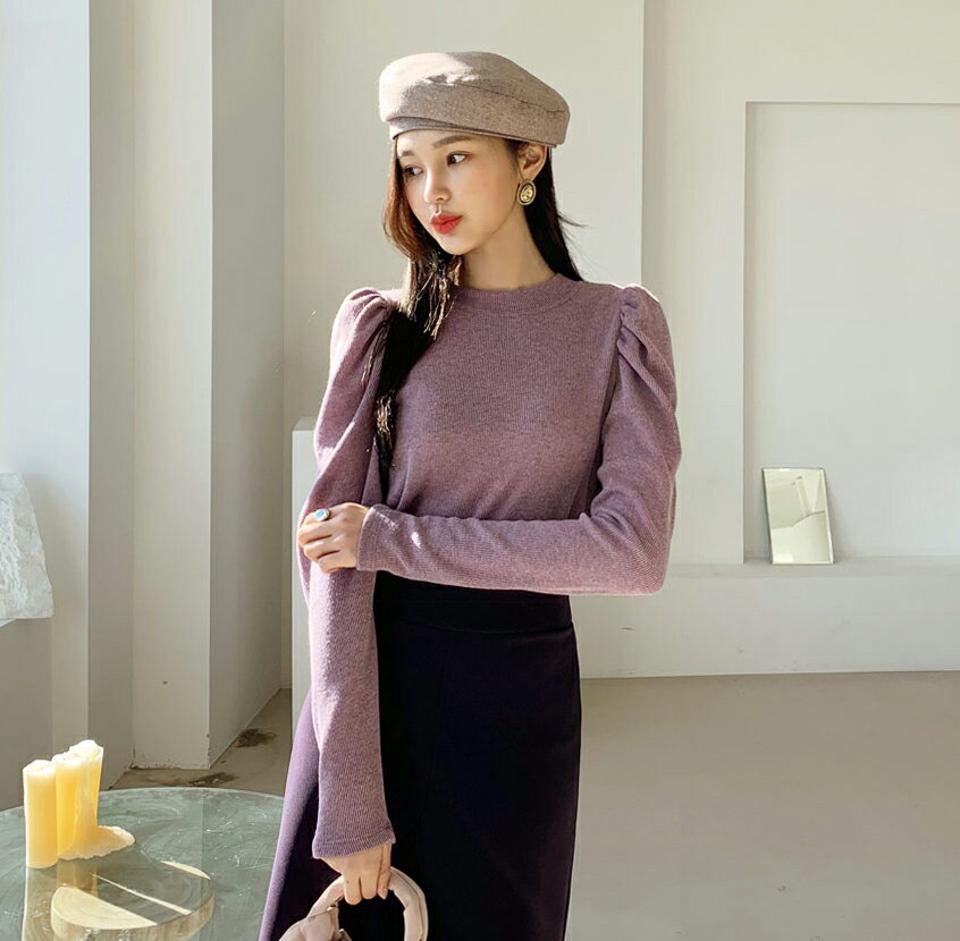 パフスリーブTシャツ・全5色・t64704 レディース 【tops】【韓国 ファッション トップス Tシャツ カットソー ラウンドネック 長袖 ハーフスリーブ スリム フィット 無地 ギャザー デイリー ボリューム カジュアル 秋 冬】