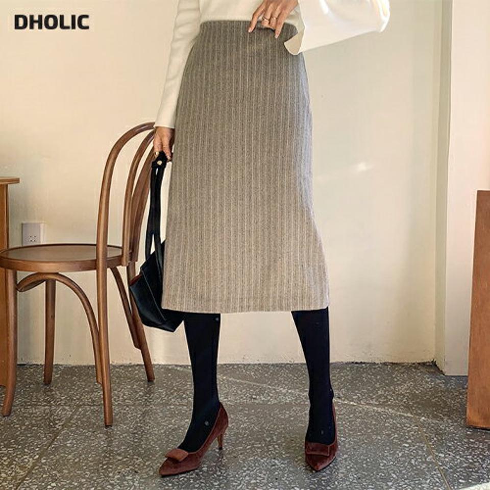 ピンストライプスカート・全2色・t66038 レディース 【sk】【スカート ミディ丈 ミディスカート ピンストライプ 大人 Hライン きれい スリット オフィスカジュアル 秋 冬 韓国 ファッション】【ハイホリHIHOLLI】