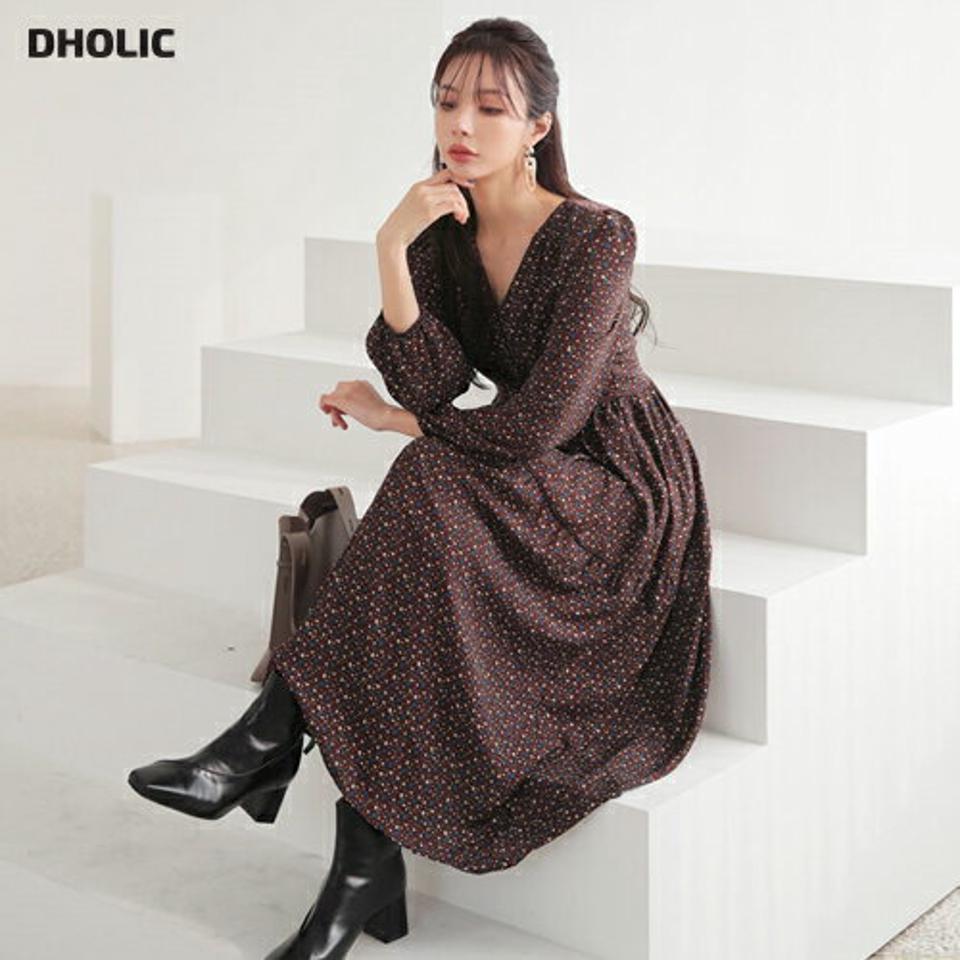 レースアップ花柄ワンピース・全2色・b65955 レディース 【ops】【ワンピース ロング ロングワンピース 長袖 花柄 フラワー レースアップ Vネック 深Vネック 小花柄 フェミニン 上品 大人 秋 冬 韓国 ファッション】【ハイホリHIHOLLI】