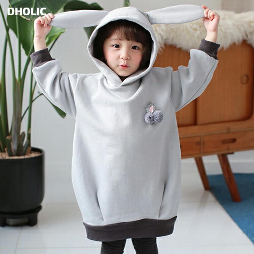 うさぎブローチ付裏起毛うさぎフーディワンピース・u10209 キッズ 【3~8才】【ops】【韓国 ファッション ワンピース 膝丈 ミディ ミドル フード うさ耳 ウサ耳 オーバル コクーン 長袖 女の子 キッズ 子供 子供服 幼稚園 通学 通園 低学年 秋 冬】【KIDS】