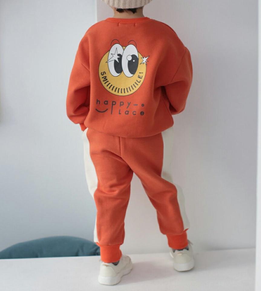 【キッズ30%OFF】裏起毛ビックスマイルスウェット上下SET・u10198 キッズ 【3~8才】【pt】【韓国 ファッション セットアップ スウェット トレーナー 長袖 ロング パンツ ジョガーパンツ 無地 女の子 男の子 キッズ 子供 子供服 幼稚園 通学 通園 低学年 秋 冬】【KIDS】