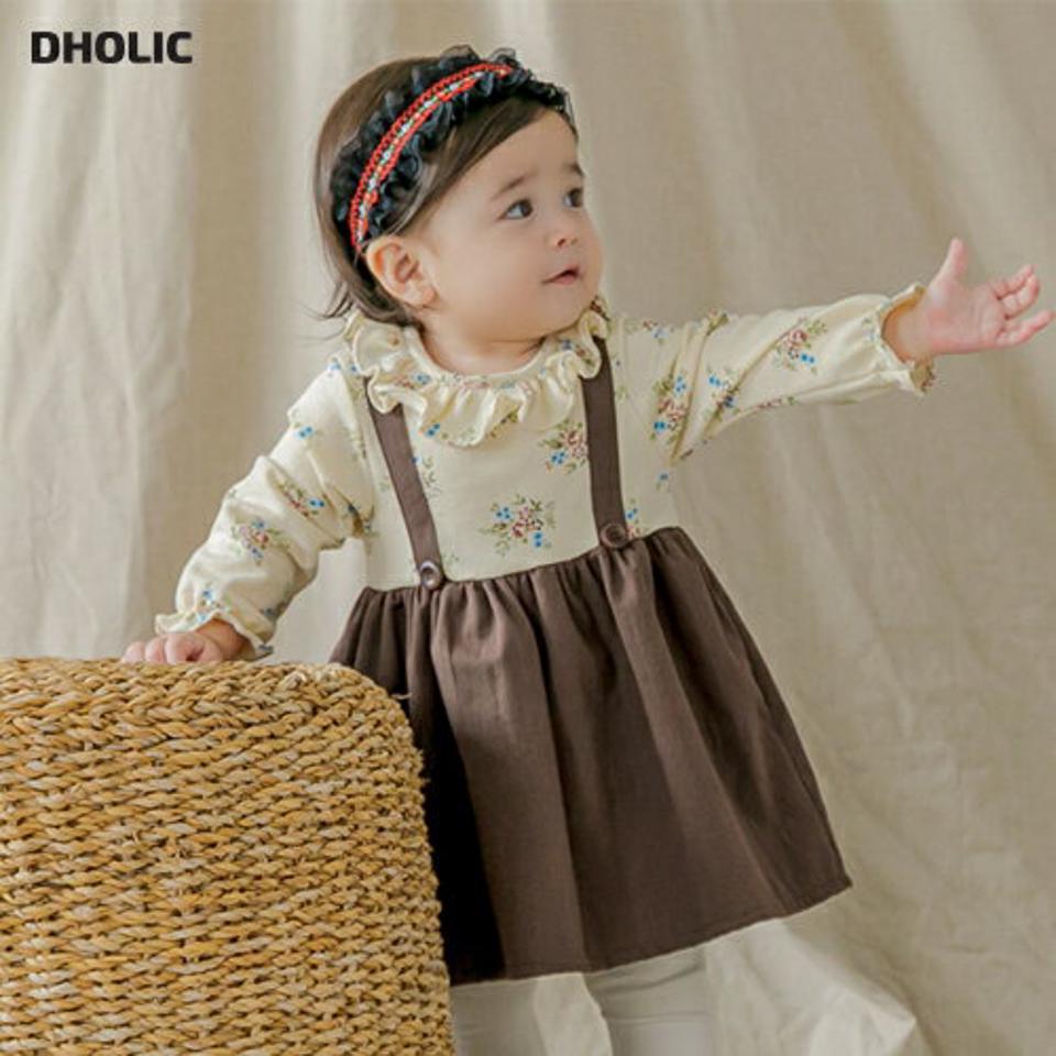 フラワーサスペンダーワンピース・p008955 キッズ【0~2才】【ops】【ワンピース サスペンダー フラワー 花柄 長袖 可愛い かわいい フリル レトロ 女の子 ガーリー 秋 冬 韓国 韓国子供服 子供 こども 子供服 こども服】【KIDS】