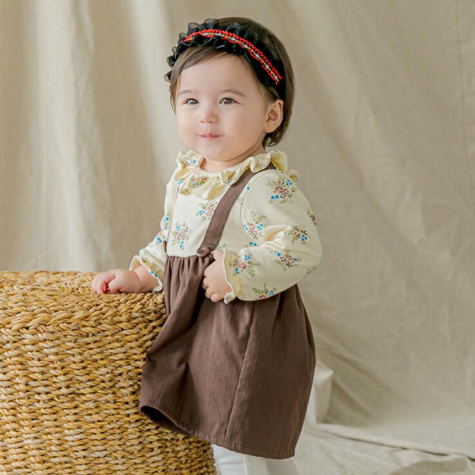 フラワーサスペンダーワンピース・p008955 キッズ【0~2才】【ops】【ワンピース サスペンダー フラワー 花柄 長袖 可愛い かわいい フリル レトロ 女の子 ガーリー 秋 冬 韓国 韓国子供服 子供 こども 子供服 こども服】【KIDS】