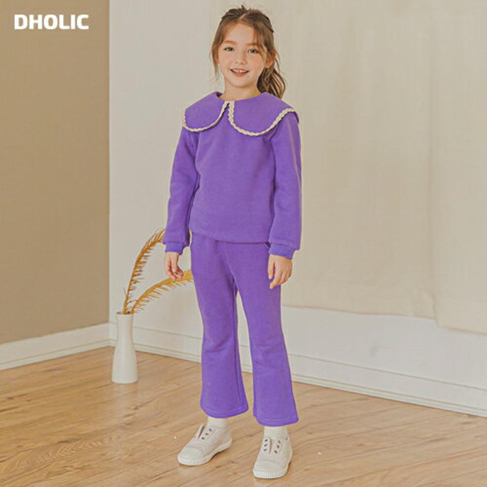 裏起毛レーストリムカラー上下SET(purple)・p010084 キッズ 【3~8才】【pt】【韓国 ファッション セットアップ Tシャツ 長袖 カラー 襟 ロング パンツ ブーツカット 無地 女の子 キッズ 子供 子供服 幼稚園 通学 通園 低学年 秋 冬】【KIDS】