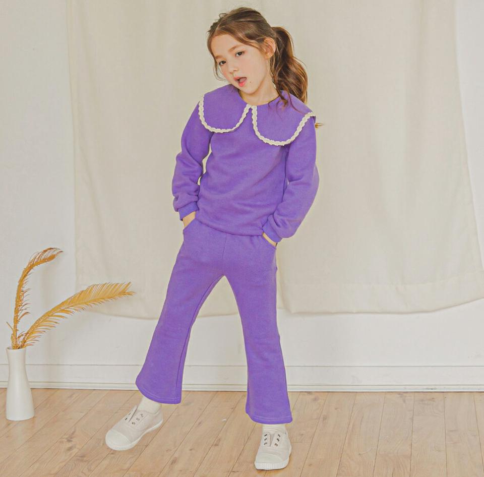 裏起毛レーストリムカラー上下SET(purple)・p010084 キッズ 【3~8才】【pt】【韓国 ファッション セットアップ Tシャツ 長袖 カラー 襟 ロング パンツ ブーツカット 無地 女の子 キッズ 子供 子供服 幼稚園 通学 通園 低学年 秋 冬】【KIDS】