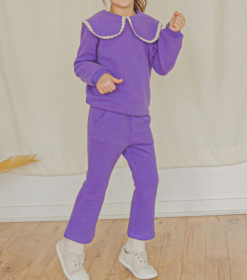 裏起毛レーストリムカラー上下SET(purple)・p010084 キッズ 【3~8才】【pt】【韓国 ファッション セットアップ Tシャツ 長袖 カラー 襟 ロング パンツ ブーツカット 無地 女の子 キッズ 子供 子供服 幼稚園 通学 通園 低学年 秋 冬】【KIDS】