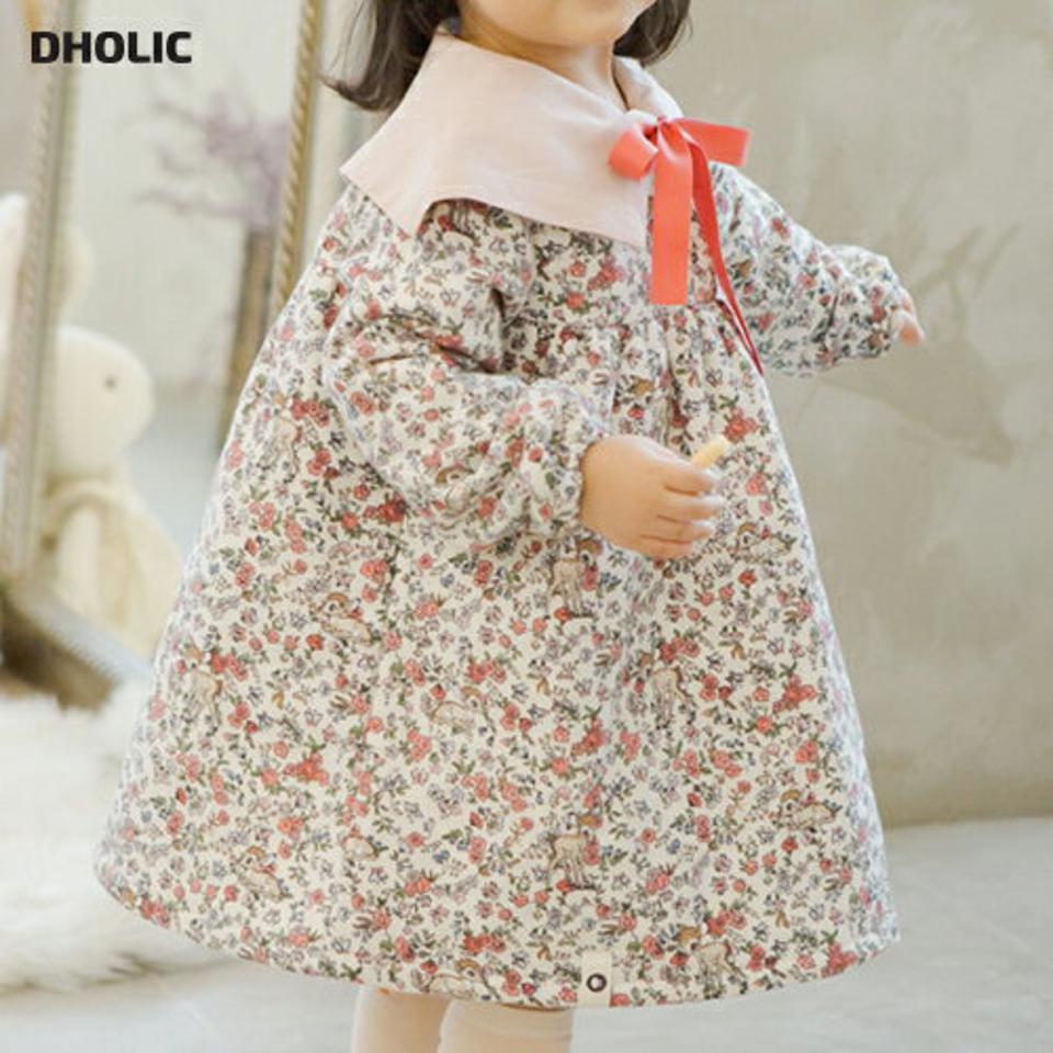 起毛リボンカラーフラワーワンピース・p010534 キッズ 【3~8才】【ops】【韓国 ファッション ワンピース ミディワンピース ミドル ミディアム 膝丈 フレア Aライン 長袖 女の子 小花柄 キッズ 子供 子供服 幼稚園 通学 通園 低学年 秋 冬】【KIDS】