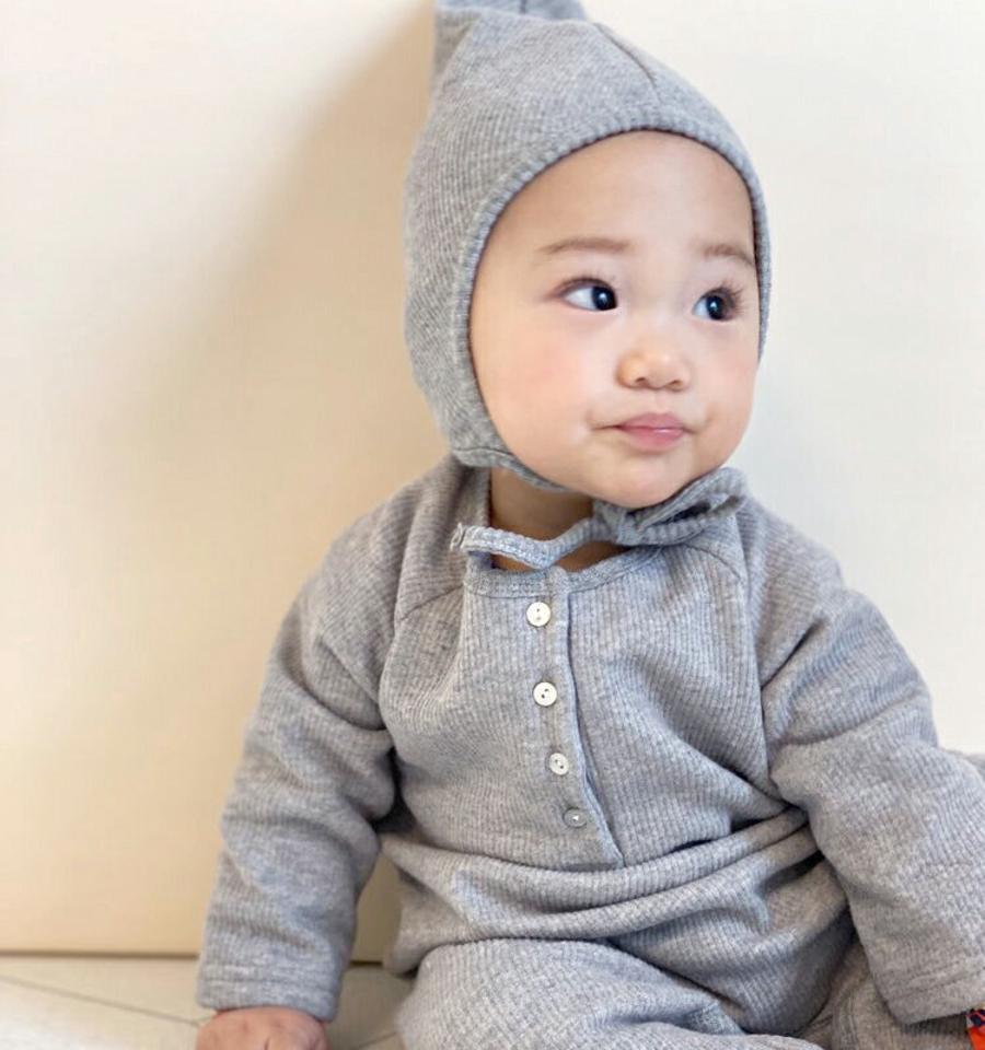 【キッズ30%OFF】帽子SETリブロンパース・u08732 キッズ【0~2才】【bc】【ボディスーツ ボディースーツ 長袖 パンツ ズボン ロングパンツ 長ズボン　帽子 セット set リブ 単色 無地 シンプル 女の子 男の子 秋 冬 韓国 韓国子供服 子供 こども 子供服 こども服】【KIDS】