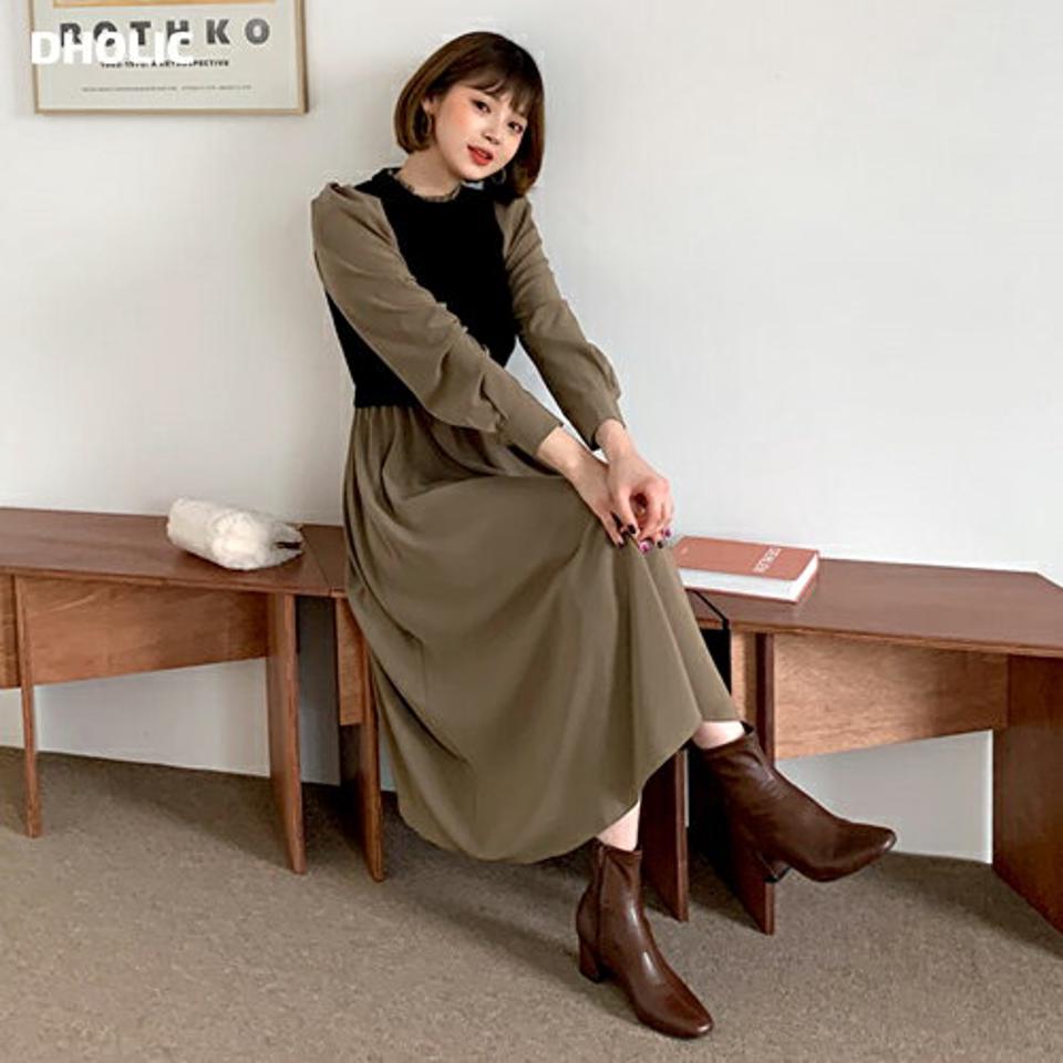 ツイストニットコンビワンピースSET・全2色・e61362 レディース 【ops】【韓国 ファッション ワンピース ロング ニットワンピース ツイスト ニット フリルネック フィット スリム パフスリーブ ボタン コントラスト レイヤード風 カジュアル 秋 冬】