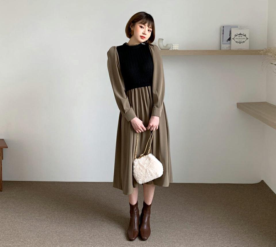 ツイストニットコンビワンピースSET・全2色・e61362 レディース 【ops】【韓国 ファッション ワンピース ロング ニットワンピース ツイスト ニット フリルネック フィット スリム パフスリーブ ボタン コントラスト レイヤード風 カジュアル 秋 冬】