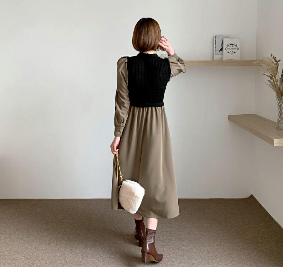 ツイストニットコンビワンピースSET・全2色・e61362 レディース 【ops】【韓国 ファッション ワンピース ロング ニットワンピース ツイスト ニット フリルネック フィット スリム パフスリーブ ボタン コントラスト レイヤード風 カジュアル 秋 冬】