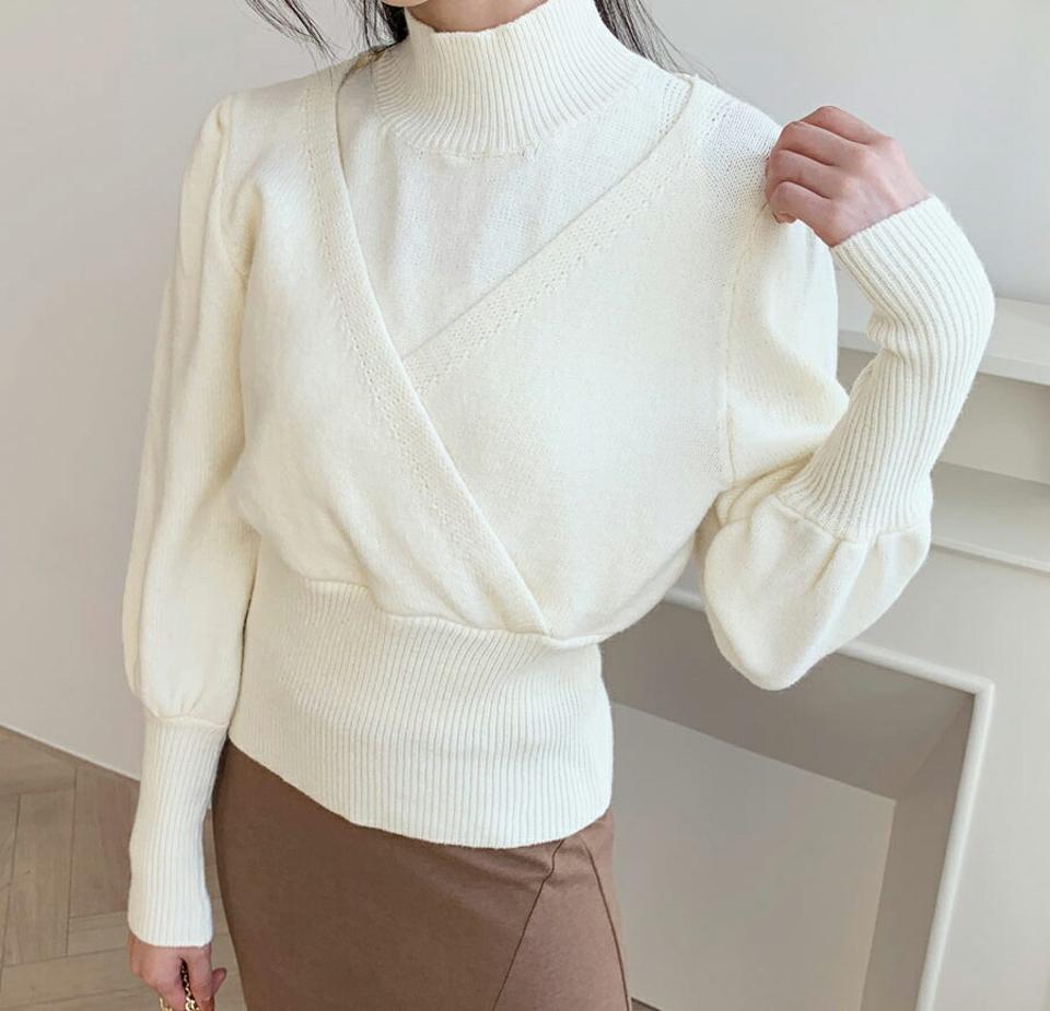 レイヤード調パフニット・全3色・b61346 レディース 【tops】【韓国 ファッション トップス ニット 長袖 ぼわん袖 パフニット ハーフネック ハイネック レイヤード調 レイヤード風 カシュクール リブ ユニーク カジュアル 秋 冬】
